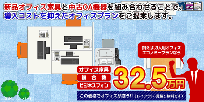 新品オフィス家具と中古OA機器をくみあわせることで、導入コストを抑えたオフィスプランをご提案します。32.5万円からのオフィスプラン